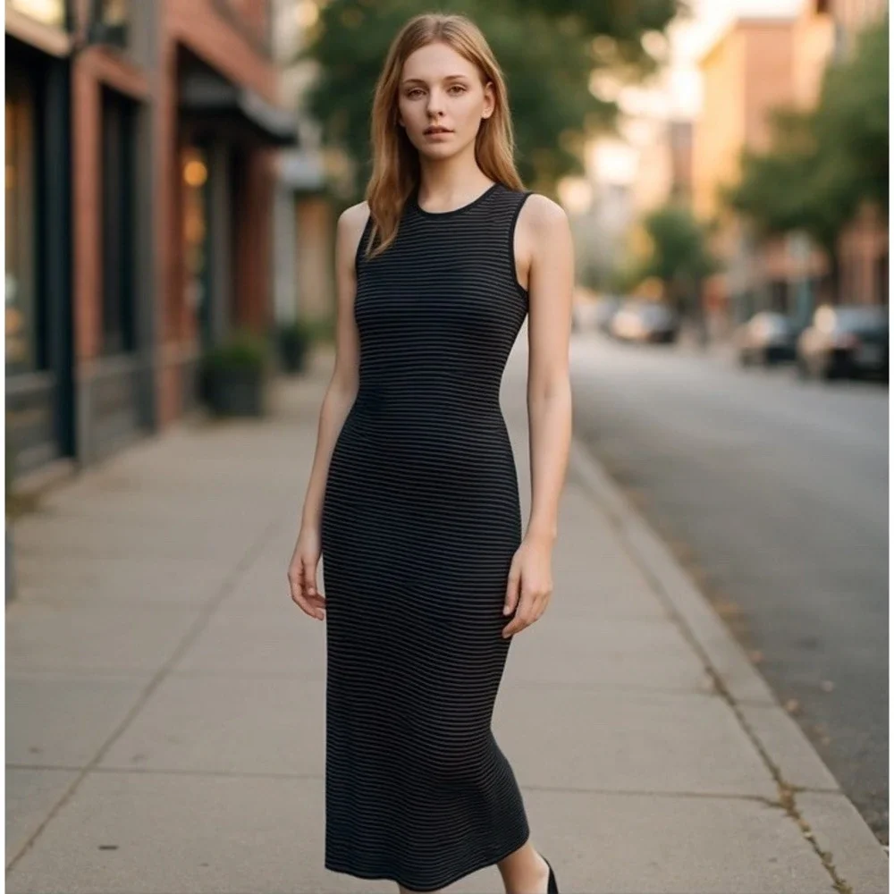 Theory Koldeen O Noble Wool Midi Dress Striped Size L Blue Black Luxury Career